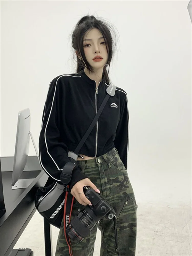 Vintage Zip Up Cropped Hoodie Women Korean Fashion Striped Black Jackets Female Harajuku Sweatshirt Sping