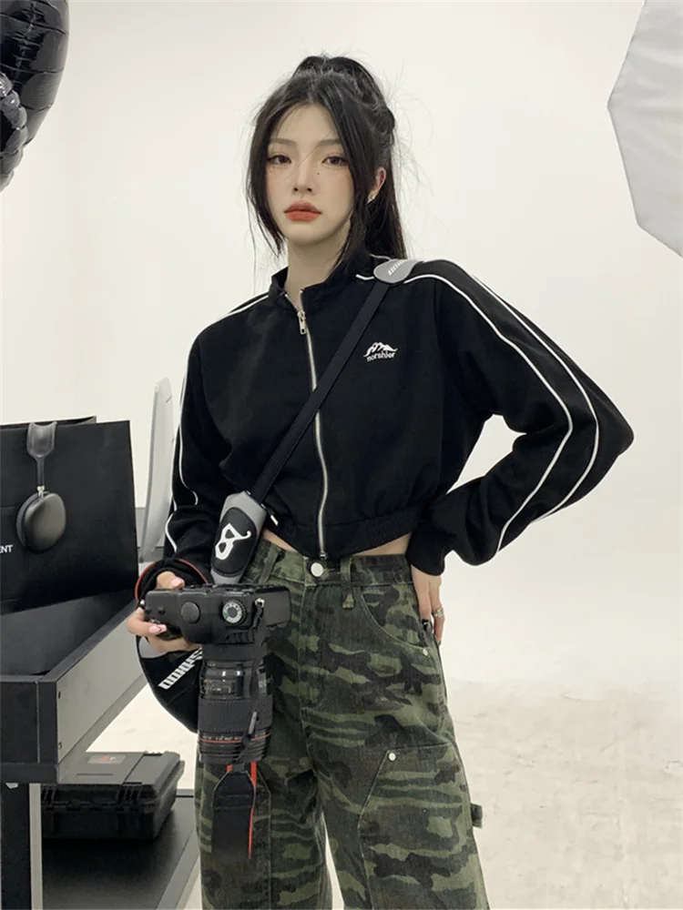 Vintage Zip Up Cropped Hoodie Women Korean Fashion Striped Black Jackets Female Harajuku Sweatshirt Sping