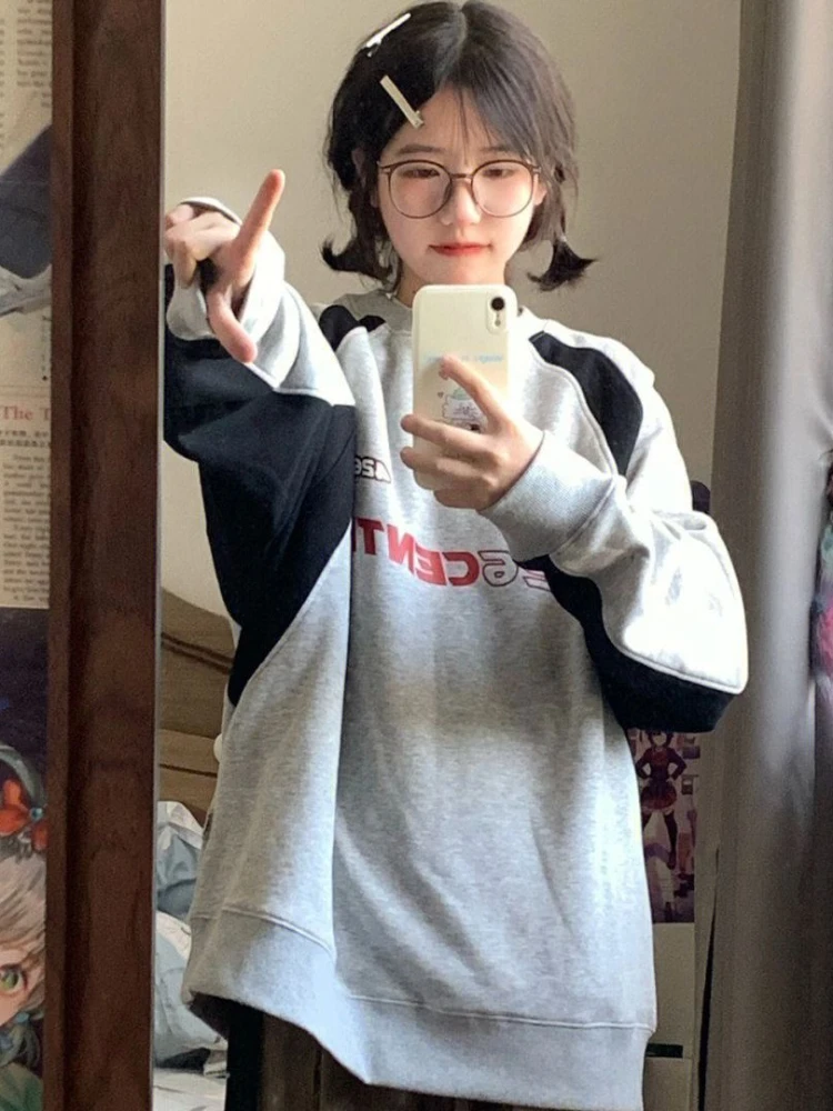 Vintage Gray Oversized Sweatshirts Women Harajuku Hip Hop Patchwork Long Sleeve Hoodies Loose Retro Tops Streetwear