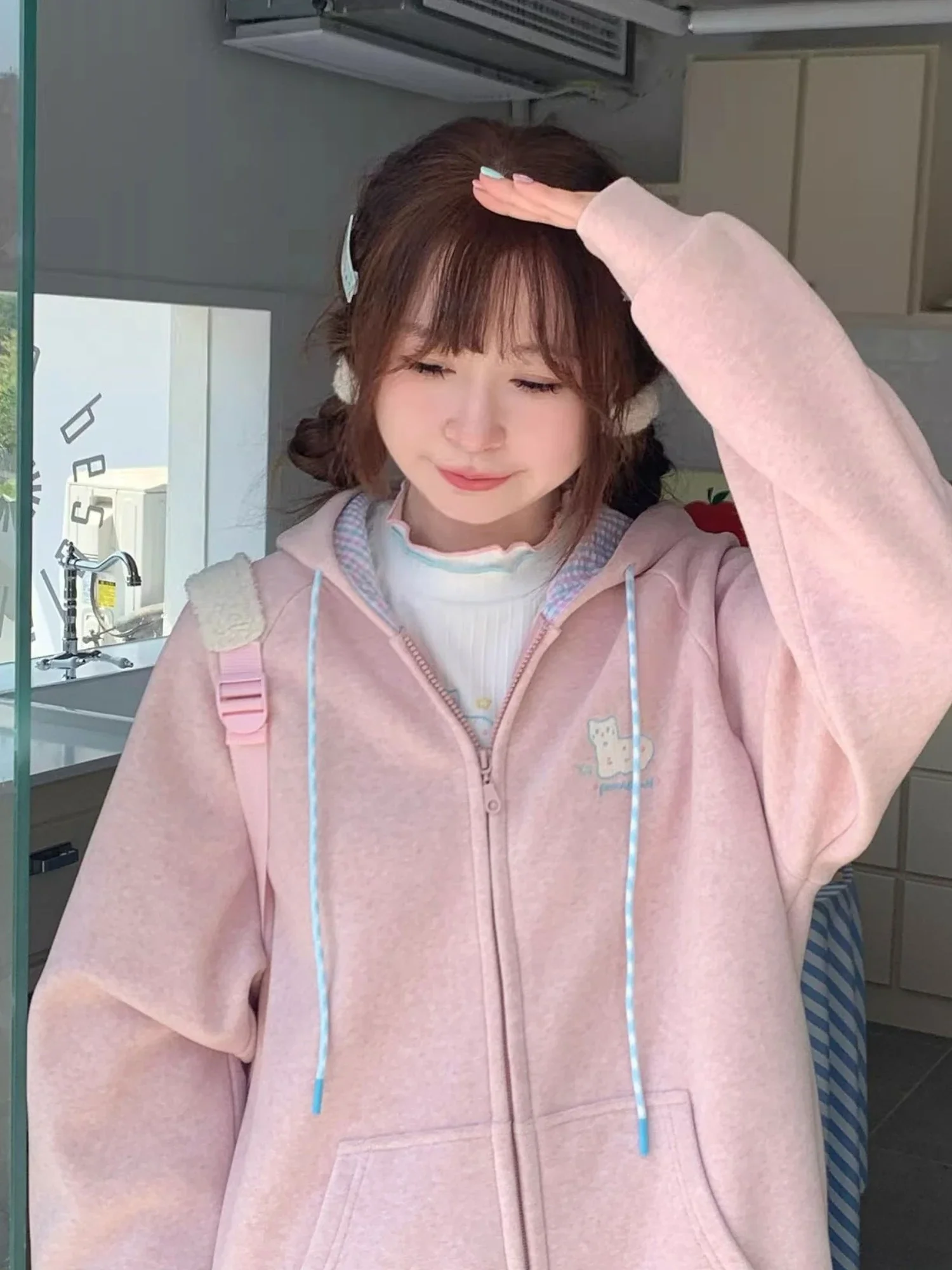 Korean Fashion Pink Hoodie Zip-Up Women Japanese Kawaii Hooded Sweatshirts Oversized Sweet Cute Basic Hooded Outerwear