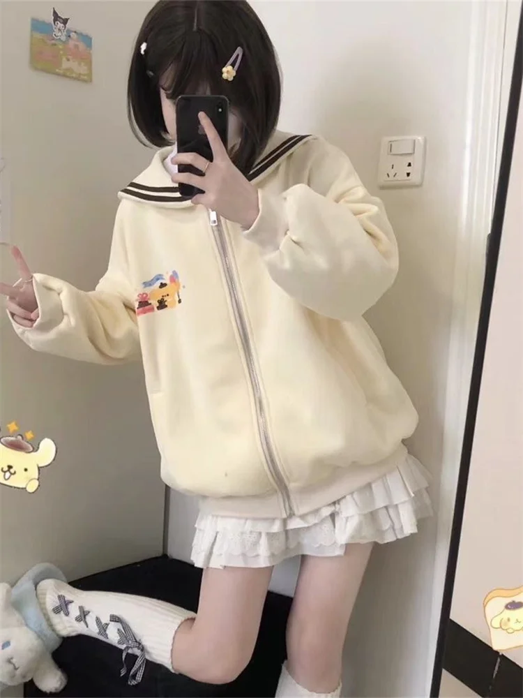 QWEEK Harajuku Kawaii Zip Up Hoodie Women Sailor Collar Japanese Style Cute Sweatshirts Oversize Lolita Girly Anime Print Jacket