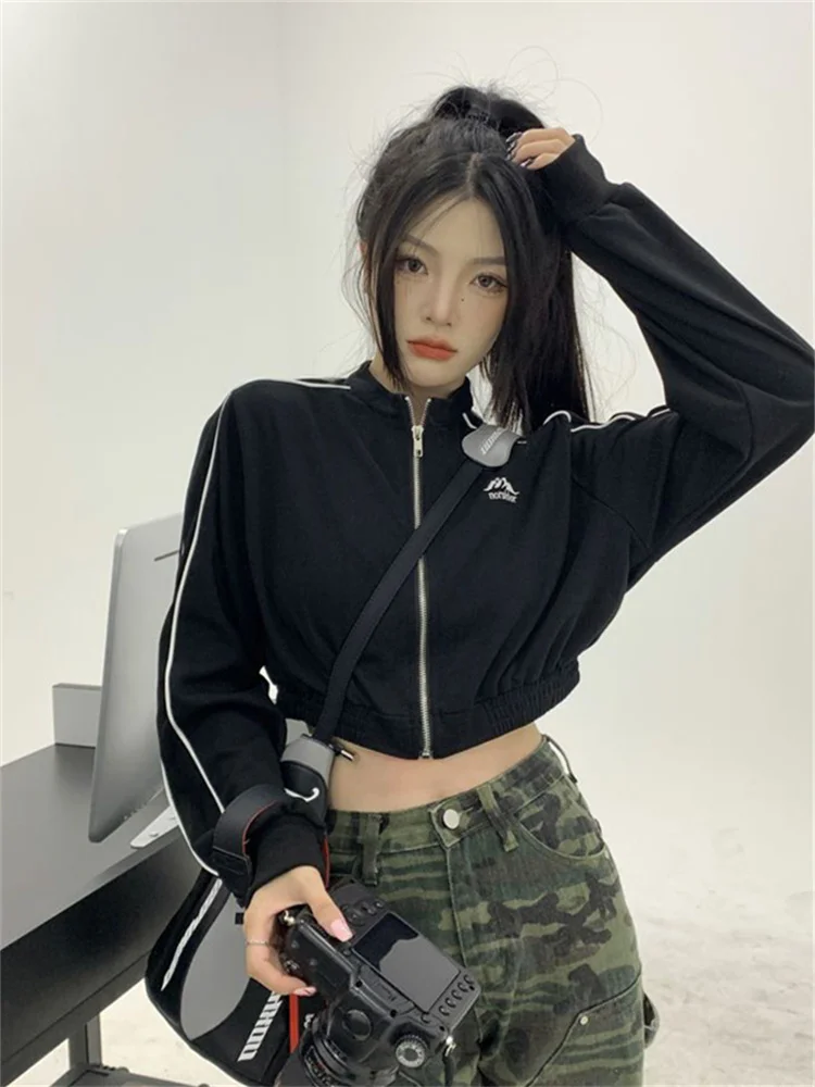 Vintage Zip Up Cropped Hoodie Women Korean Fashion Striped Black Jackets Female Harajuku Sweatshirt Sping