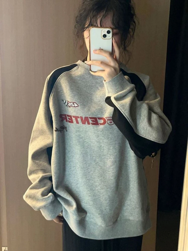 Vintage Gray Oversized Sweatshirts Women Harajuku Hip Hop Patchwork Long Sleeve Hoodies Loose Retro Tops Streetwear