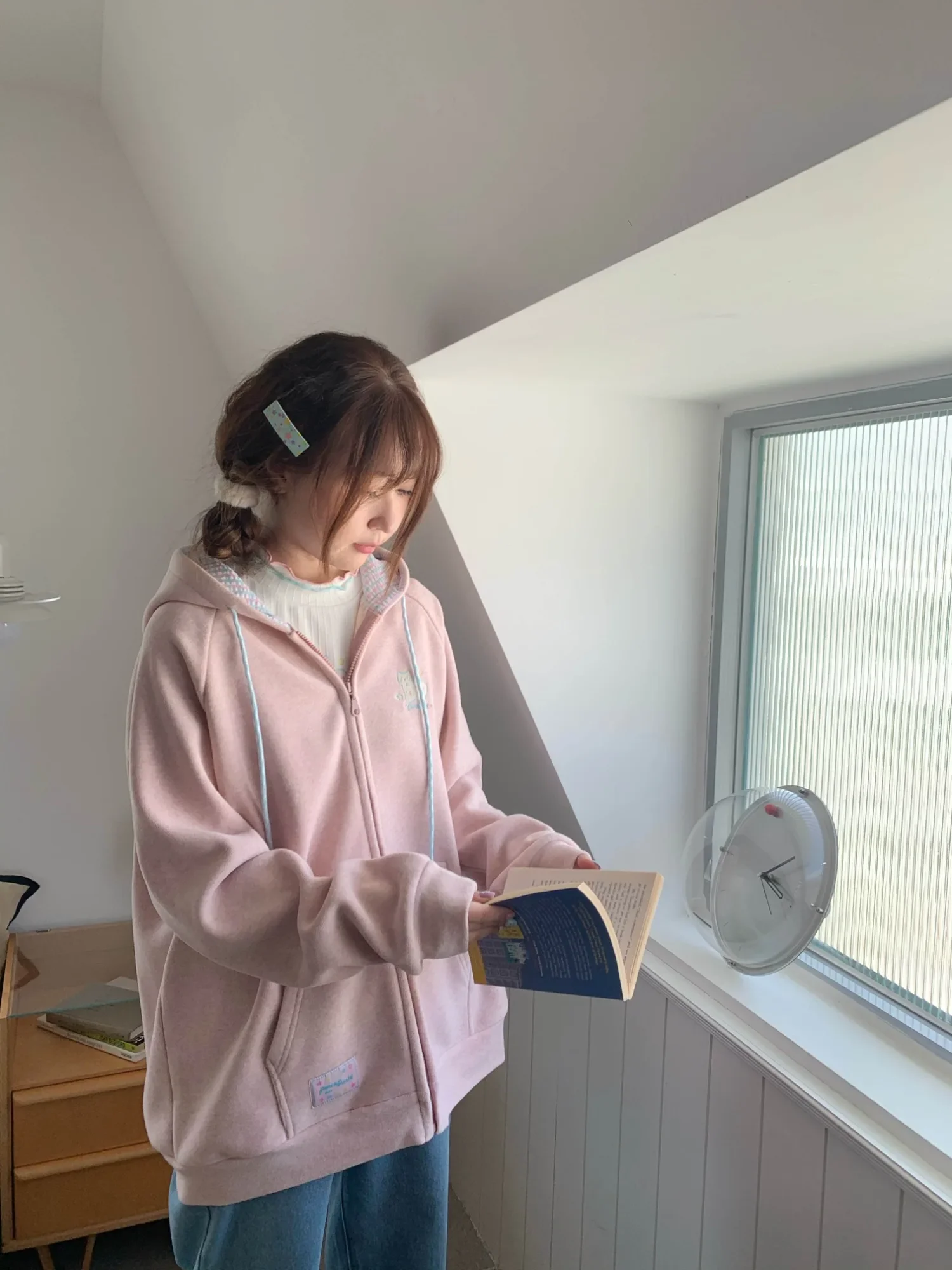 Korean Fashion Pink Hoodie Zip-Up Women Japanese Kawaii Hooded Sweatshirts Oversized Sweet Cute Basic Hooded Outerwear