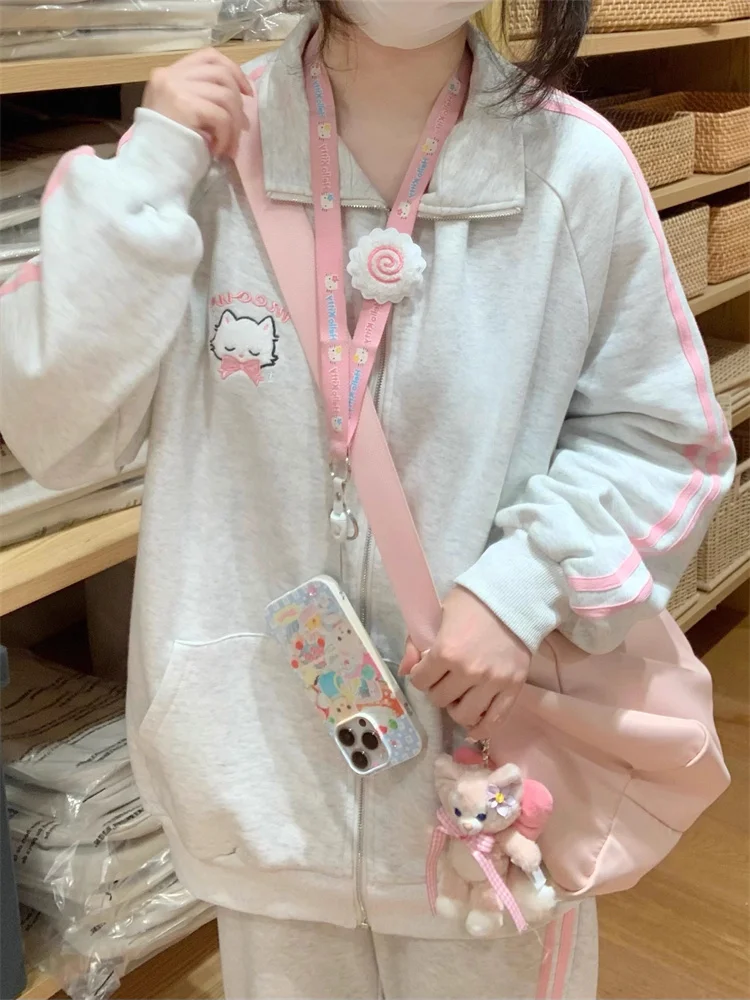 Harajuku Kawaii Gray Zip Up Hoodie Women Japanese Cute Striped Sweatshirt Korean Style Preppy Style Sweet Girly Jacket