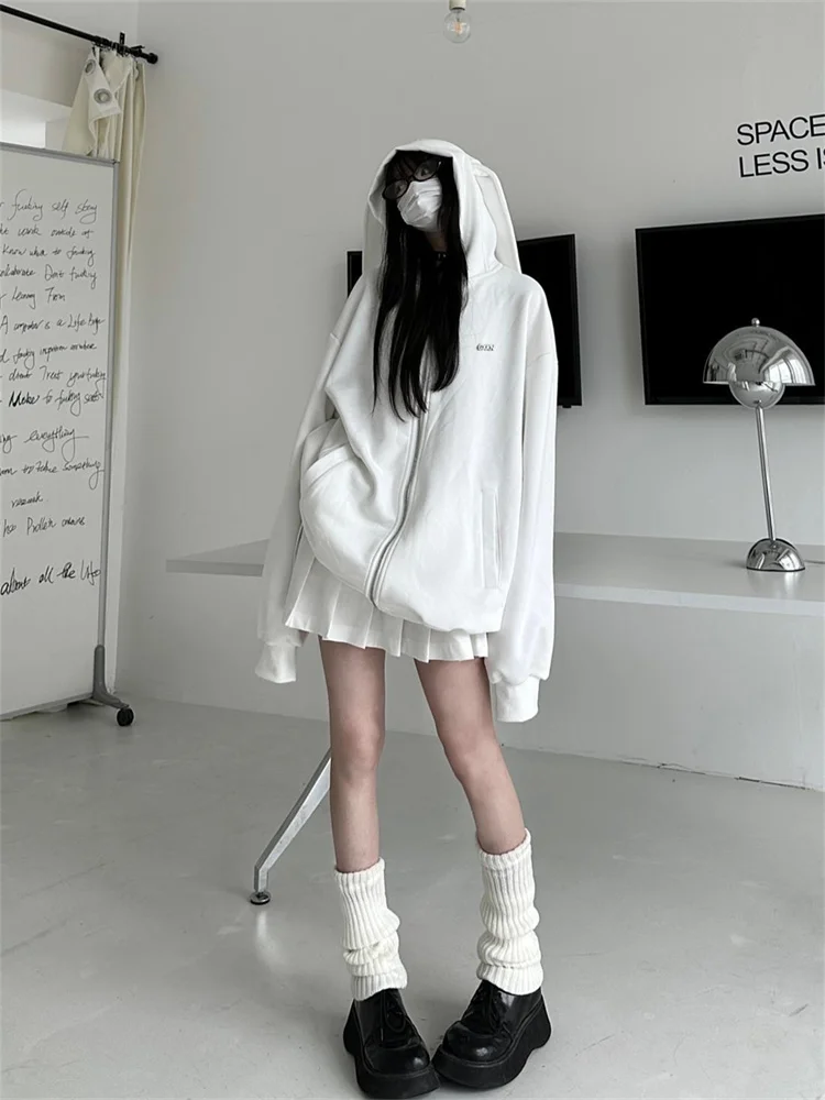 Zip Up Hoodie Rabbit Ears Harajuku Kawaii Cropped Jacket Oversized Korean Fashion Cute Girly Hooded Outerwear