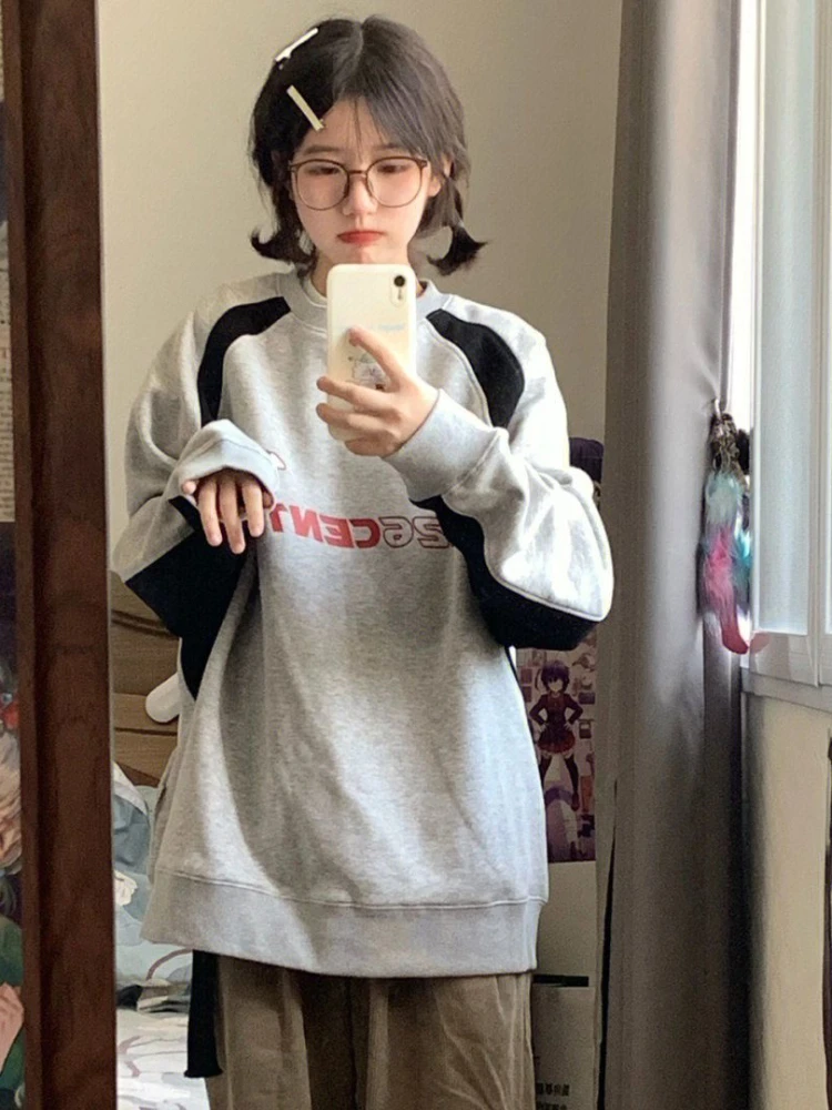 Vintage Gray Oversized Sweatshirts Women Harajuku Hip Hop Patchwork Long Sleeve Hoodies Loose Retro Tops Streetwear