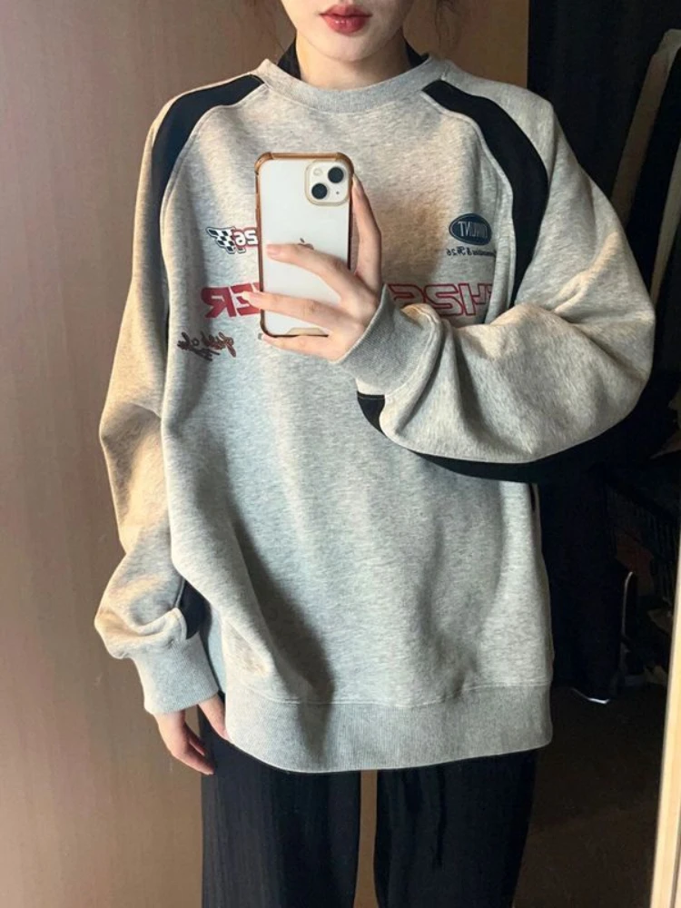 Vintage Gray Oversized Sweatshirts Women Harajuku Hip Hop Patchwork Long Sleeve Hoodies Loose Retro Tops Streetwear