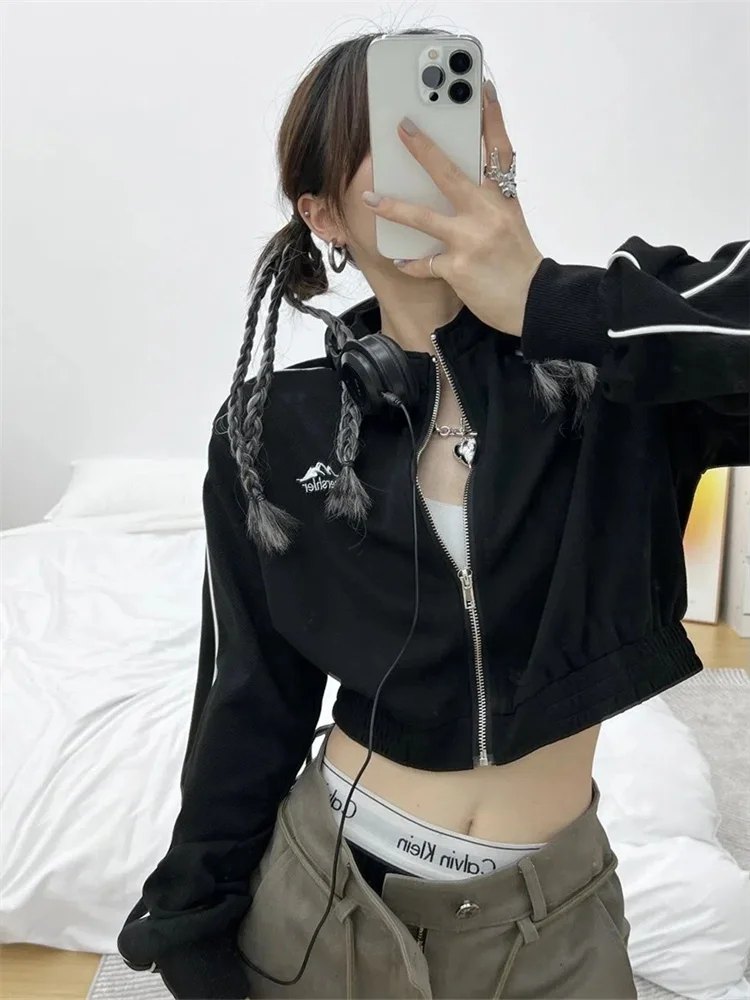 Vintage Zip Up Cropped Hoodie Women Korean Fashion Striped Black Jackets Female Harajuku Sweatshirt Sping