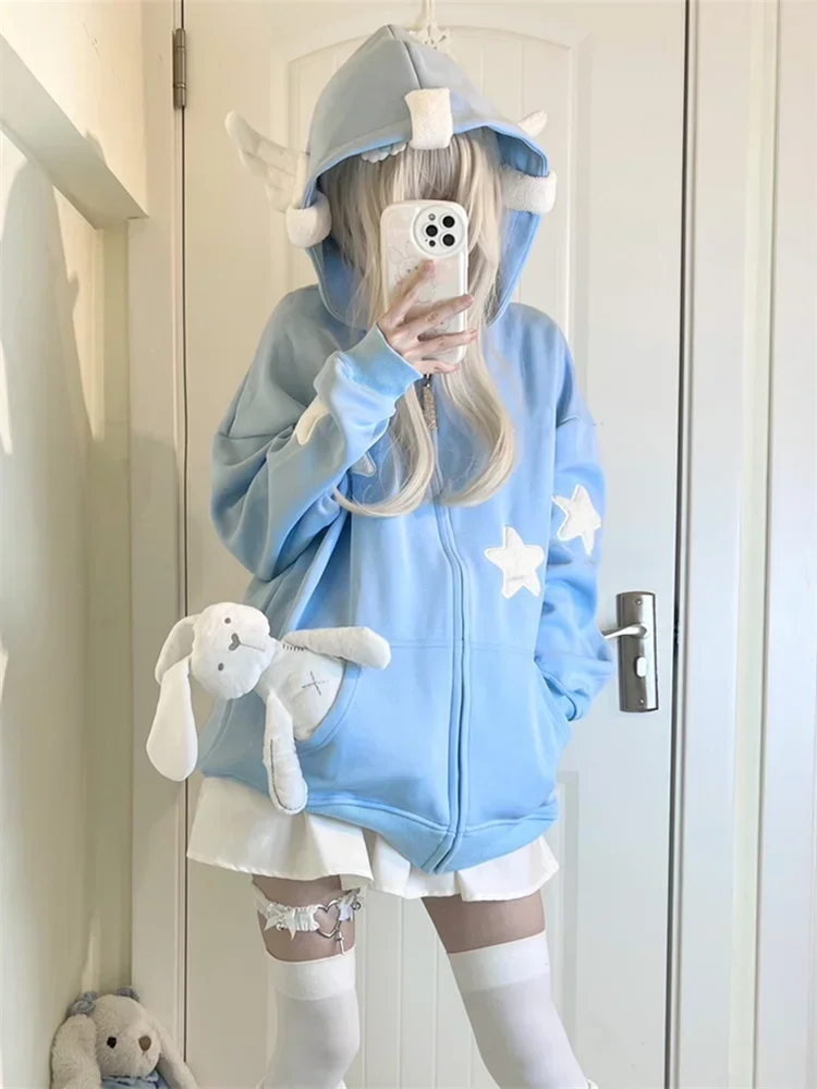 Zip Up Blue Hoodie Women Harajuku Kawaii Angel Wings Pink Sweatshirts Oversized Subculture Star Black Jacket