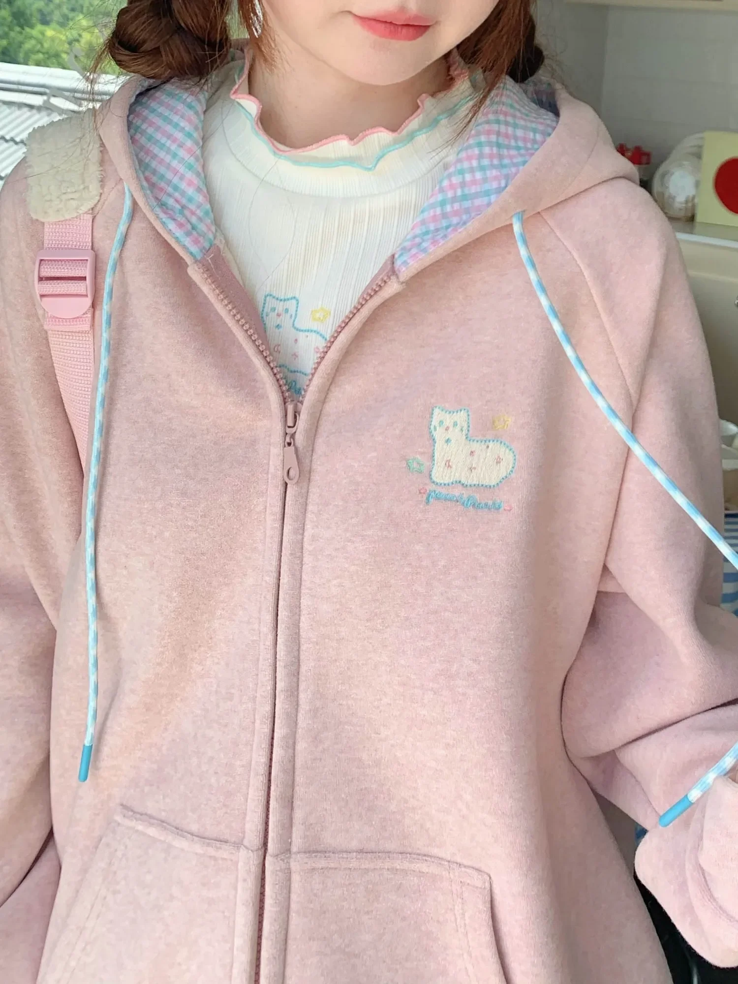 Korean Fashion Pink Hoodie Zip-Up Women Japanese Kawaii Hooded Sweatshirts Oversized Sweet Cute Basic Hooded Outerwear