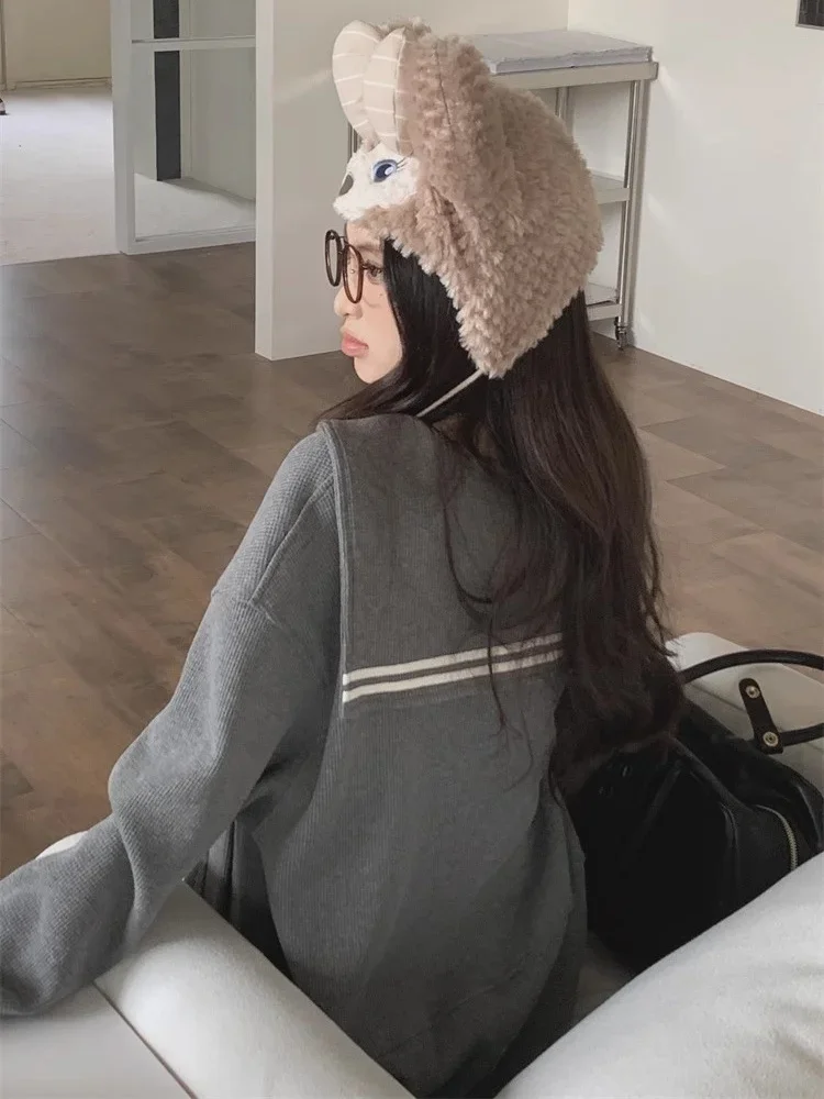 Sailor Collar Hoodie Women Korean Fashion Sweet Zip Up Sweatshirts Oversized Harajuku Girly Fairycore Gray Outerwear