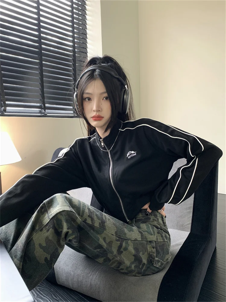 Vintage Zip Up Cropped Hoodie Women Korean Fashion Striped Black Jackets Female Harajuku Sweatshirt Sping