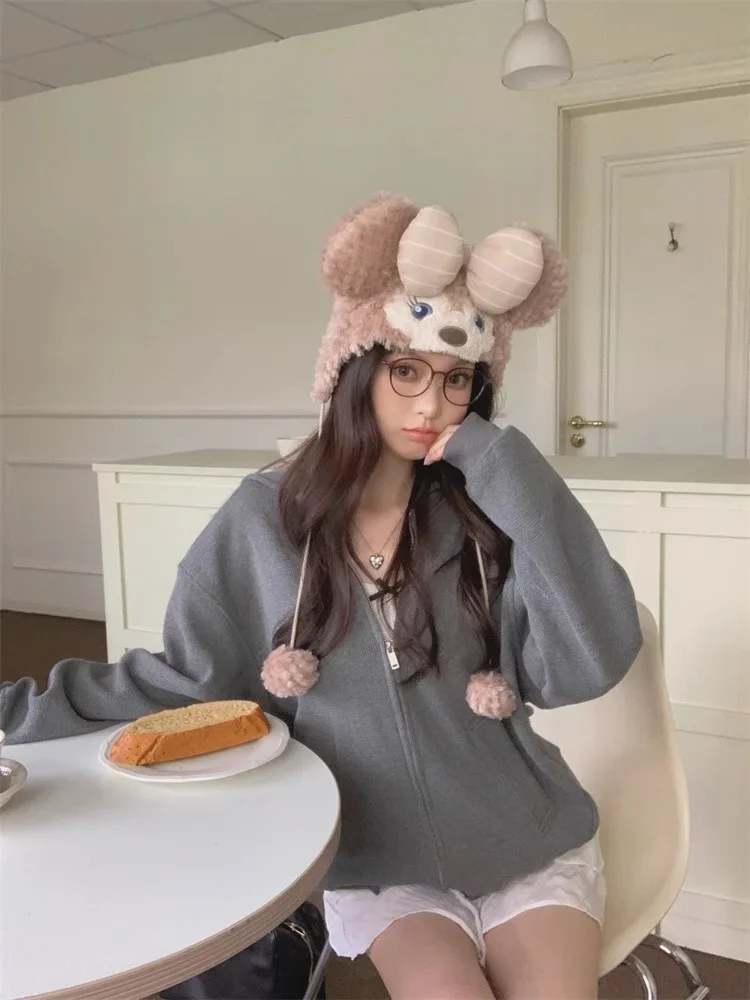 Sailor Collar Hoodie Women Korean Fashion Sweet Zip Up Sweatshirts Oversized Harajuku Girly Fairycore Gray Outerwear