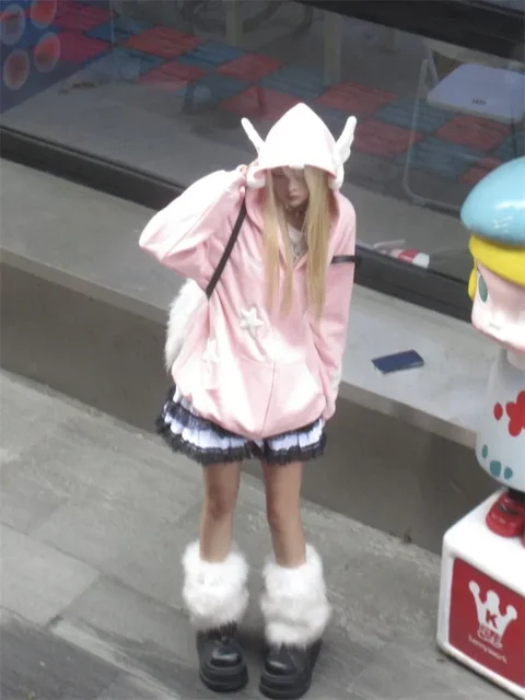 Zip Up Blue Hoodie Women Harajuku Kawaii Angel Wings Pink Sweatshirts Oversized Subculture Star Black Jacket