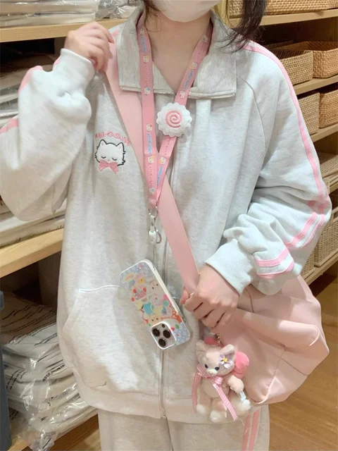 Harajuku Kawaii Gray Zip Up Hoodie Women Japanese Cute Striped Sweatshirt Korean Style Preppy Style Sweet Girly Jacket