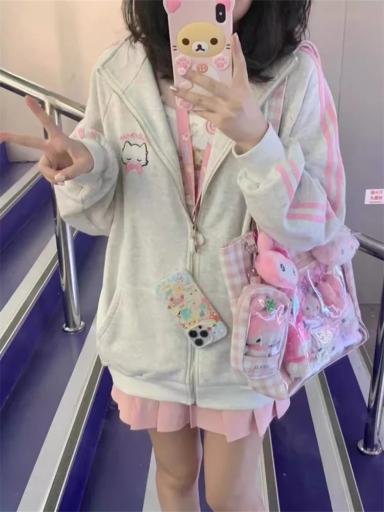 Harajuku Kawaii Gray Zip Up Hoodie Women Japanese Cute Striped Sweatshirt Korean Style Preppy Style Sweet Girly Jacket