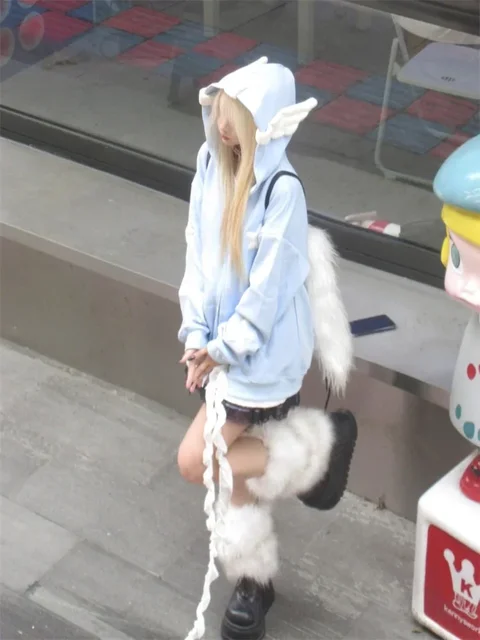 Zip Up Blue Hoodie Women Harajuku Kawaii Angel Wings Pink Sweatshirts Oversized Subculture Star Black Jacket