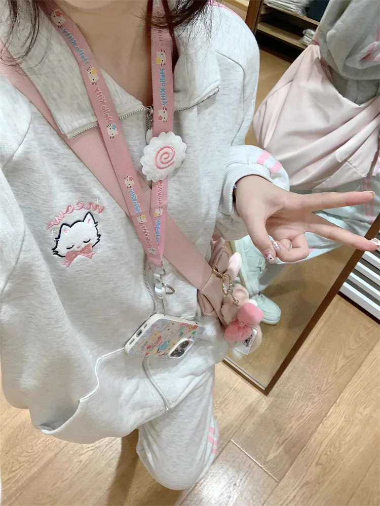Harajuku Kawaii Gray Zip Up Hoodie Women Japanese Cute Striped Sweatshirt Korean Style Preppy Style Sweet Girly Jacket