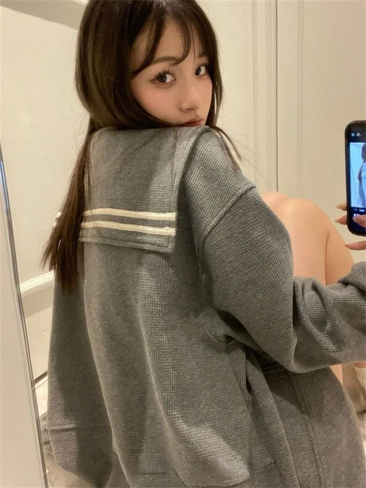 Sailor Collar Hoodie Women Korean Fashion Sweet Zip Up Sweatshirts Oversized Harajuku Girly Fairycore Gray Outerwear