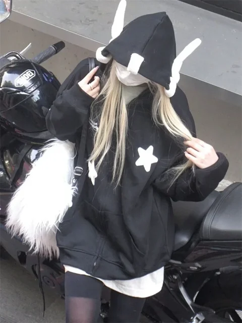 Zip Up Blue Hoodie Women Harajuku Kawaii Angel Wings Pink Sweatshirts Oversized Subculture Star Black Jacket