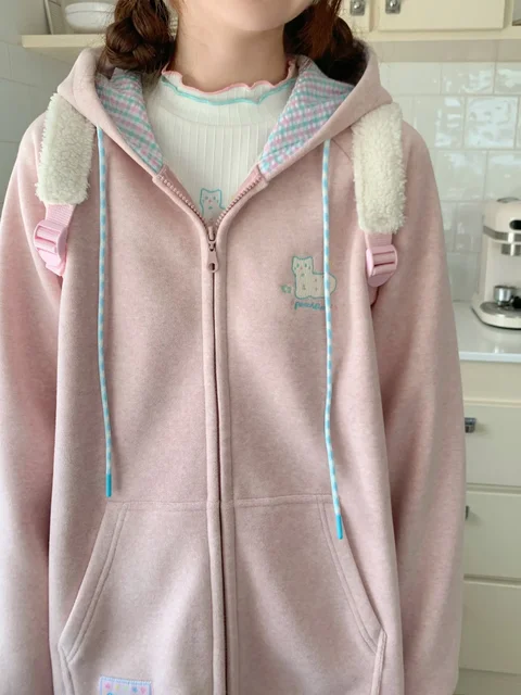 Korean Fashion Pink Hoodie Zip-Up Women Japanese Kawaii Hooded Sweatshirts Oversized Sweet Cute Basic Hooded Outerwear