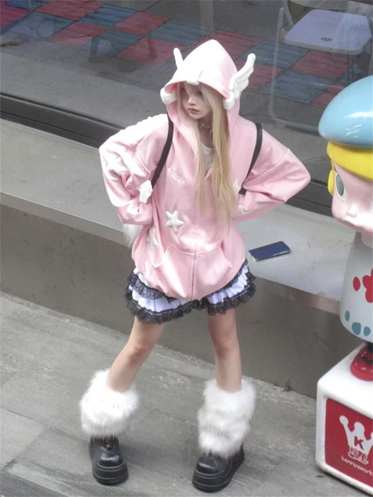 Zip Up Blue Hoodie Women Harajuku Kawaii Angel Wings Pink Sweatshirts Oversized Subculture Star Black Jacket