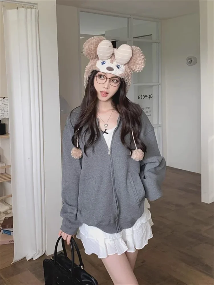 Sailor Collar Hoodie Women Korean Fashion Sweet Zip Up Sweatshirts Oversized Harajuku Girly Fairycore Gray Outerwear