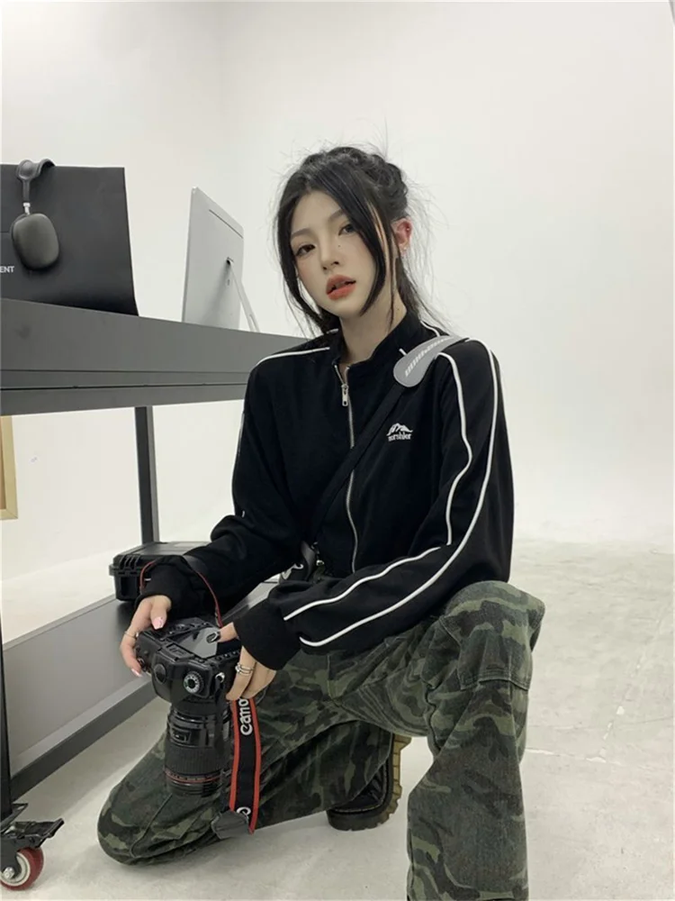 Vintage Zip Up Cropped Hoodie Women Korean Fashion Striped Black Jackets Female Harajuku Sweatshirt Sping