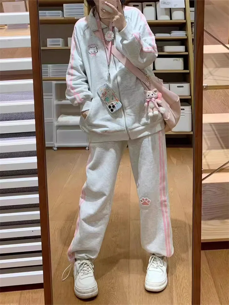 Harajuku Kawaii Gray Zip Up Hoodie Women Japanese Cute Striped Sweatshirt Korean Style Preppy Style Sweet Girly Jacket