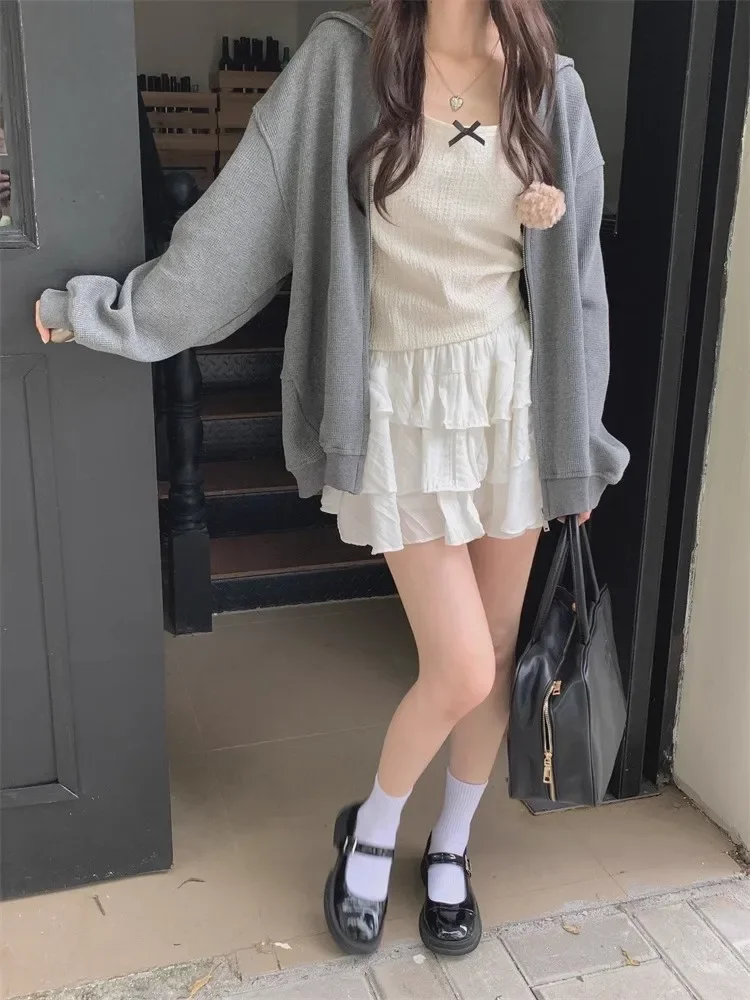 Sailor Collar Hoodie Women Korean Fashion Sweet Zip Up Sweatshirts Oversized Harajuku Girly Fairycore Gray Outerwear