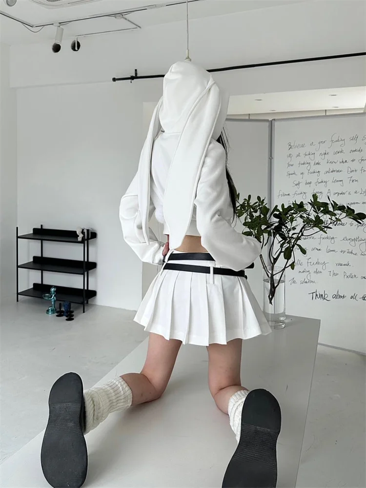 Zip Up Hoodie Rabbit Ears Harajuku Kawaii Cropped Jacket Oversized Korean Fashion Cute Girly Hooded Outerwear