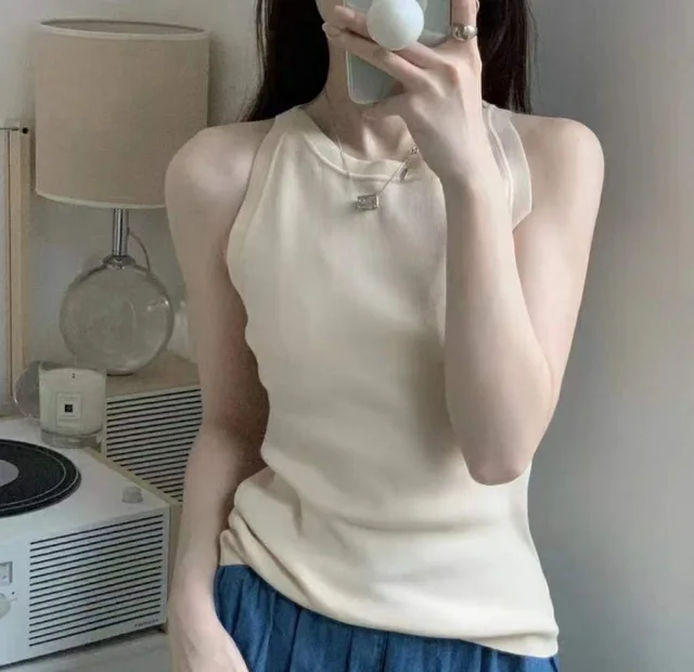 Retro Striped Knitted Vest Summer Women's Bottoming Outerwear Sleeveless Design Sense Thin Chic Short Streetwear Tops Tank Top