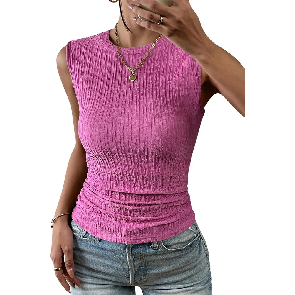 Women's High Neck Tank Top Summer Casual Ribbed Knit Slim Fitted Basic Textured Sleeveless Shirts
