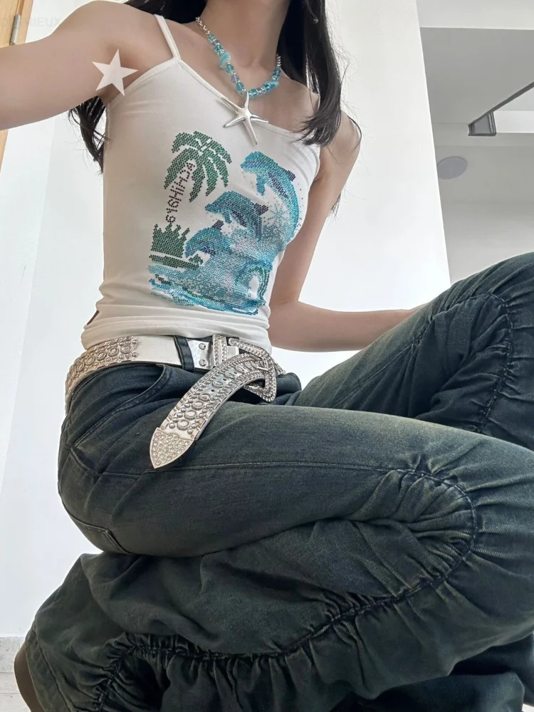 Summer Vintage Rhinestones Tank Tops Women Aesthetic Streetwear Cropped Top Sleeveless Slim Sexy Basic Fashion Causal Tanks