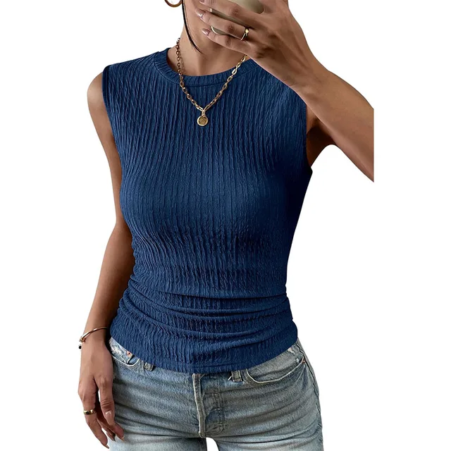 Women's High Neck Tank Top Summer Casual Ribbed Knit Slim Fitted Basic Textured Sleeveless Shirts