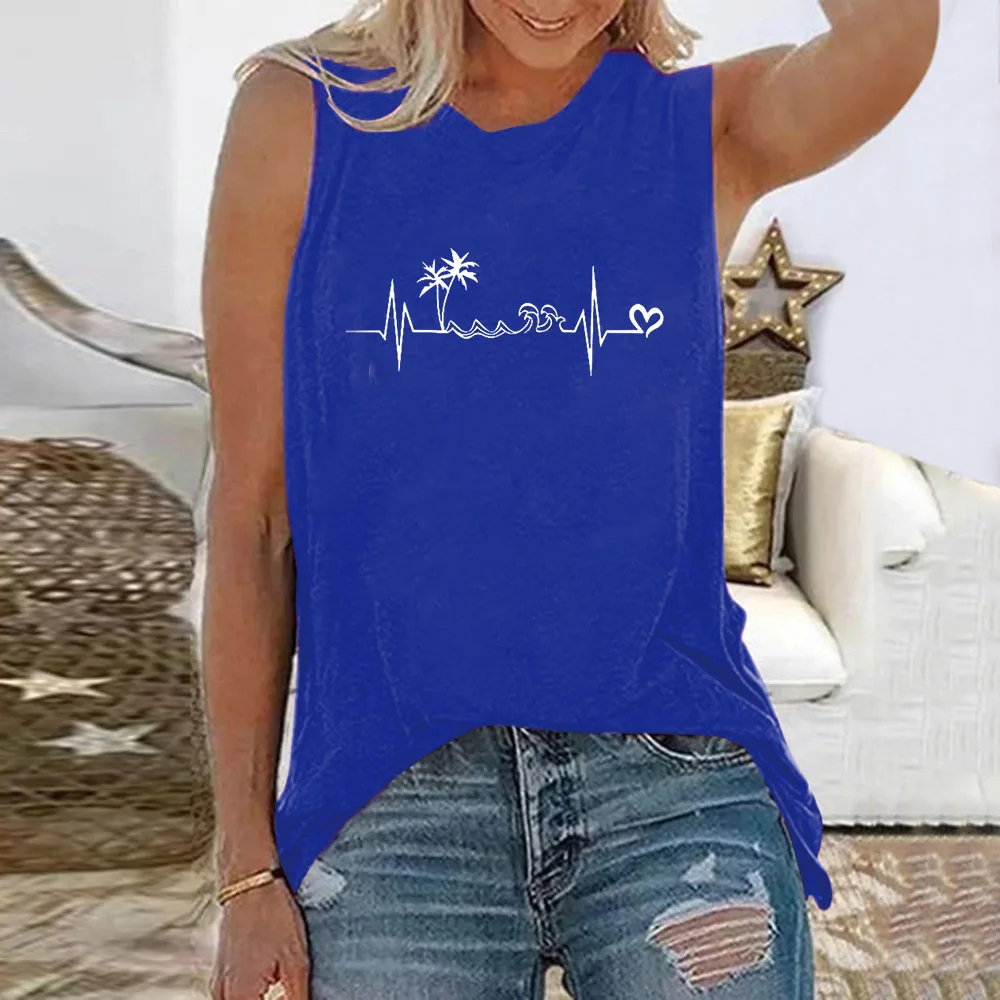 Heartbeat Print Summer Women's T-shirt Sleeveless Fashion Women's Top Fun Printed Aesthetic Clothing Harajuku