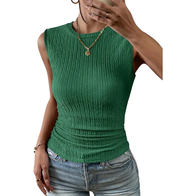 Women's High Neck Tank Top Summer Casual Ribbed Knit Slim Fitted Basic Textured Sleeveless Shirts