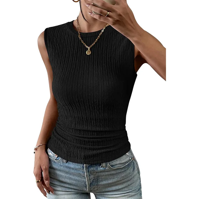 Women's High Neck Tank Top Summer Casual Ribbed Knit Slim Fitted Basic Textured Sleeveless Shirts