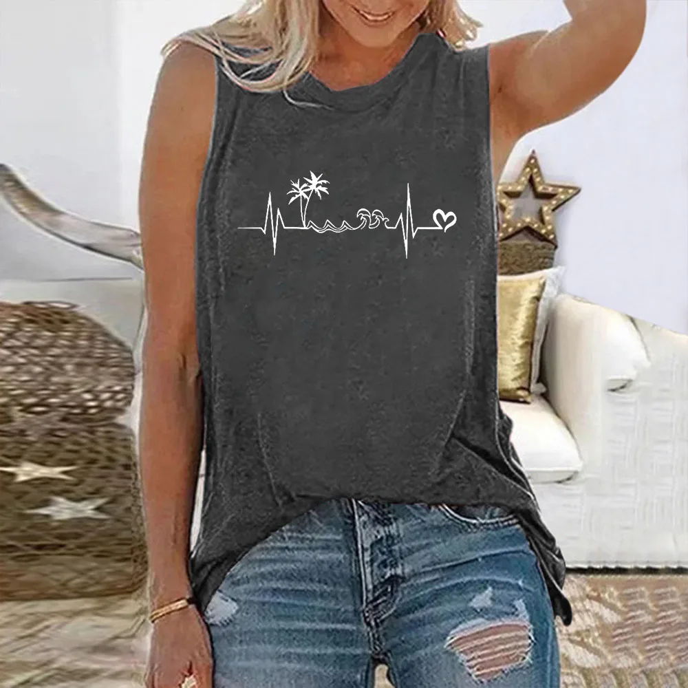 Heartbeat Print Summer Women's T-shirt Sleeveless Fashion Women's Top Fun Printed Aesthetic Clothing Harajuku