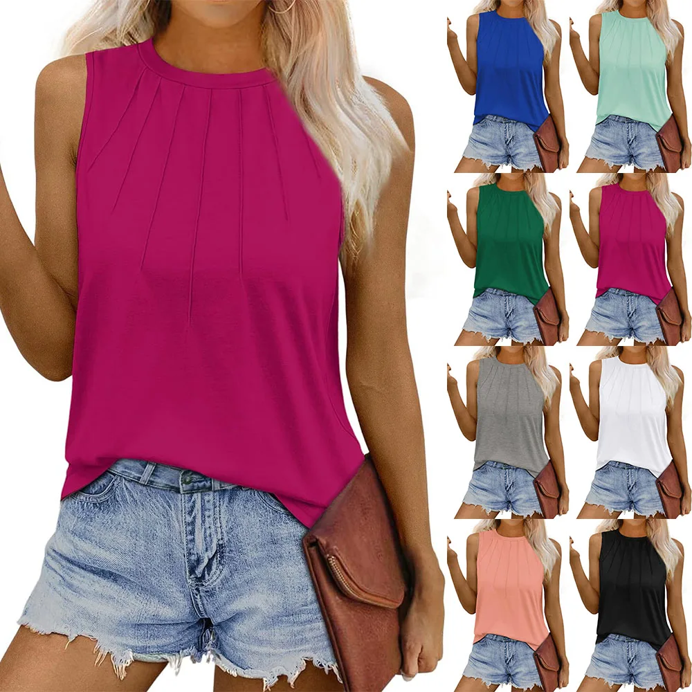 Womens Summer Tank Tops Pleated Round Neck Sleeveless Tops for Women Casual Flowy