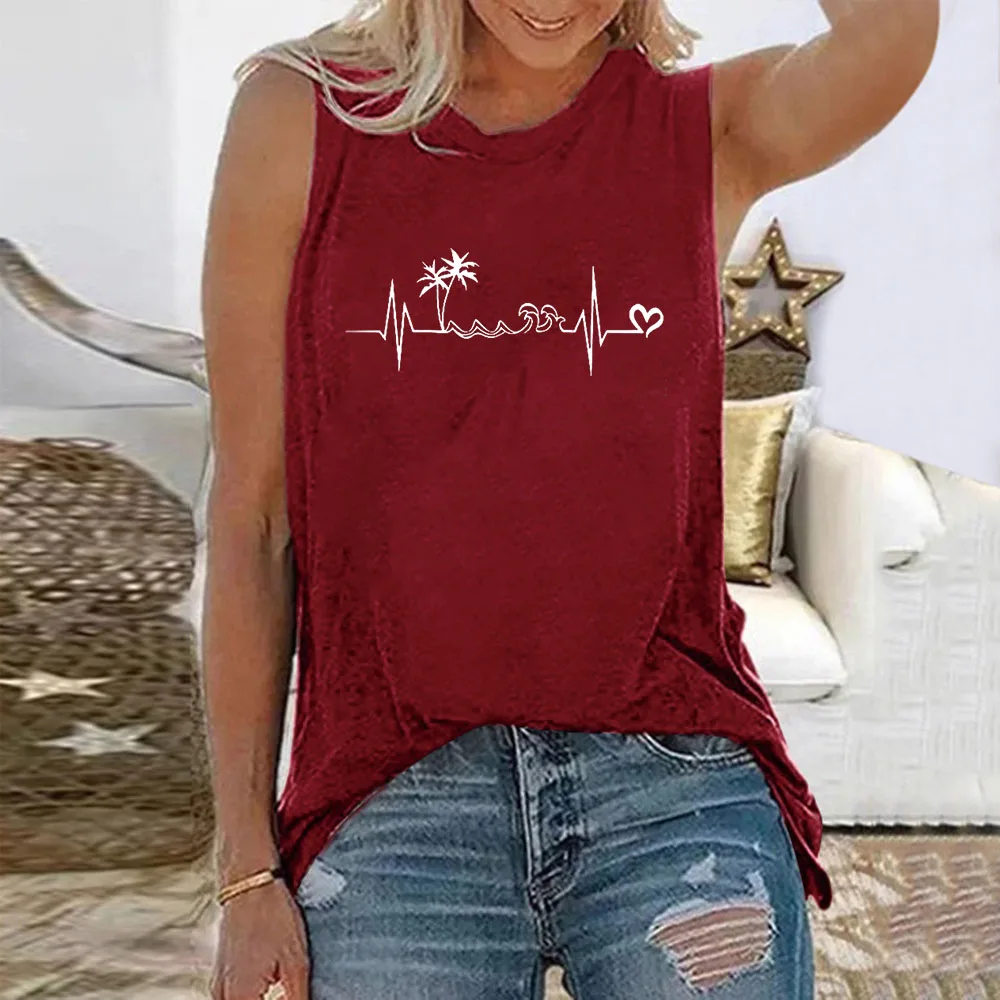 Heartbeat Print Summer Women's T-shirt Sleeveless Fashion Women's Top Fun Printed Aesthetic Clothing Harajuku