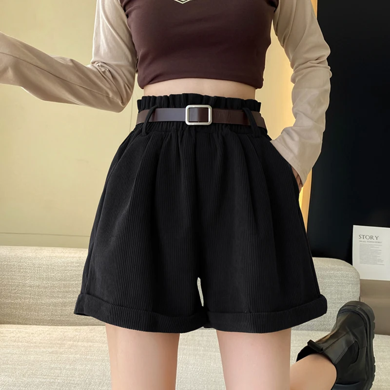 Autumn Winter Woman Corduroy Shorts With Belt Elastic Waist Loose Crimping Vintage Short Pants For Boots