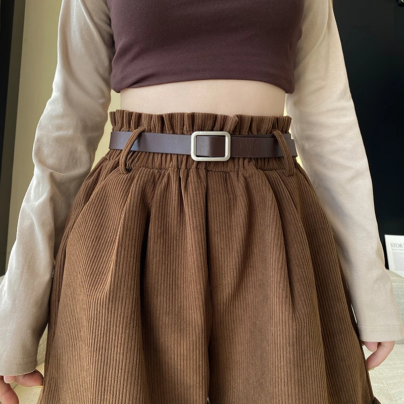 Autumn Winter Woman Corduroy Shorts With Belt Elastic Waist Loose Crimping Vintage Short Pants For Boots
