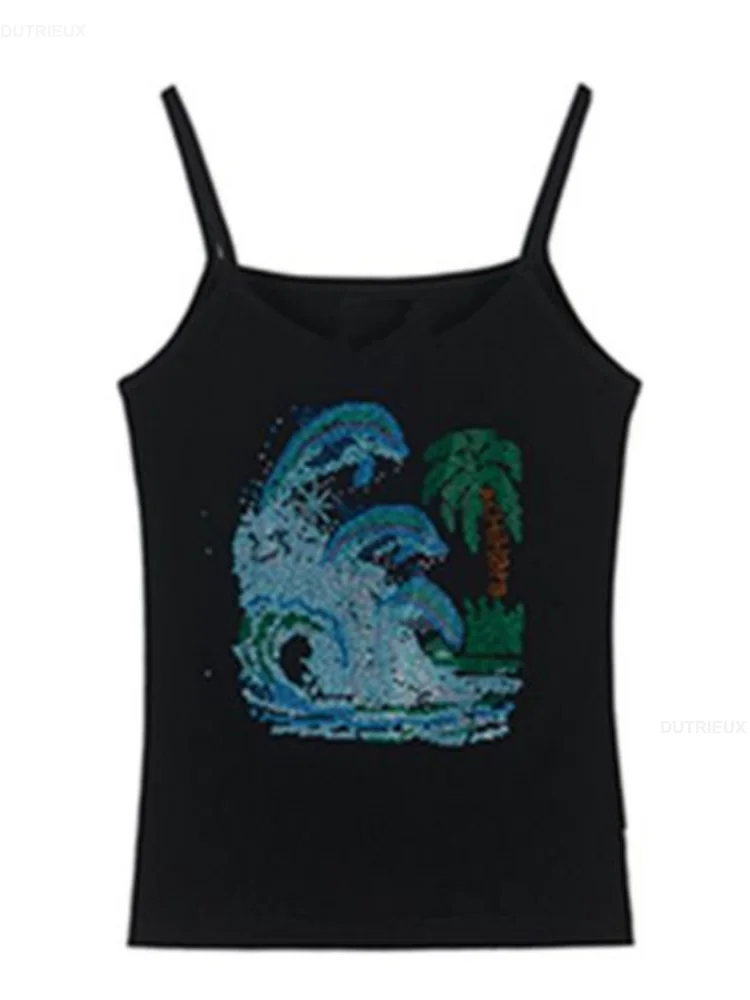 Summer Vintage Rhinestones Tank Tops Women Aesthetic Streetwear Cropped Top Sleeveless Slim Sexy Basic Fashion Causal Tanks