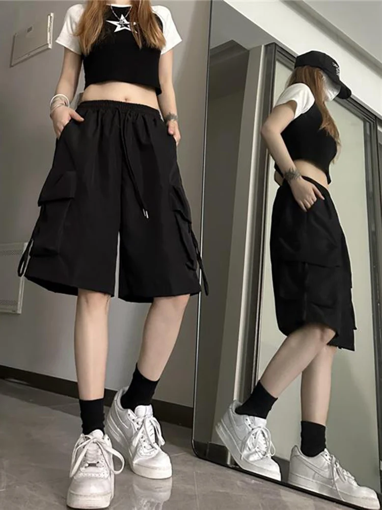 Hip Hop Cargo Shorts Women Vintage Harajuku High Waist Short Pants Casual Korean Pockets Shorts Summer