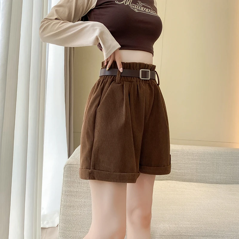Autumn Winter Woman Corduroy Shorts With Belt Elastic Waist Loose Crimping Vintage Short Pants For Boots