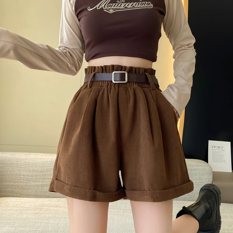 Autumn Winter Woman Corduroy Shorts With Belt Elastic Waist Loose Crimping Vintage Short Pants For Boots