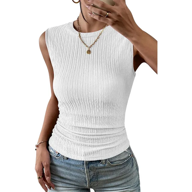 Women's High Neck Tank Top Summer Casual Ribbed Knit Slim Fitted Basic Textured Sleeveless Shirts
