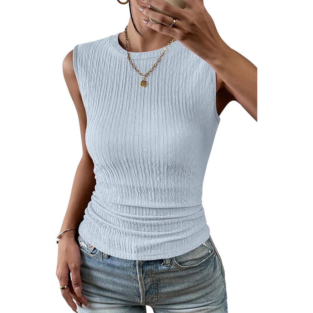 Women's High Neck Tank Top Summer Casual Ribbed Knit Slim Fitted Basic Textured Sleeveless Shirts